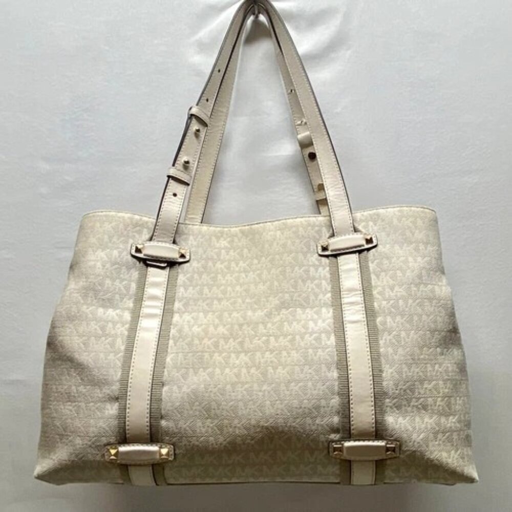 Michael Kors Griffin Large Logo Tote Natural Jacqard Canvas Leather Trim GUC - Picture 2 of 16